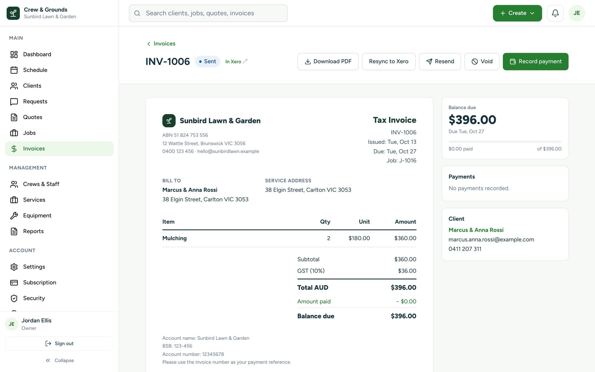 A tax invoice marked as copied into Xero