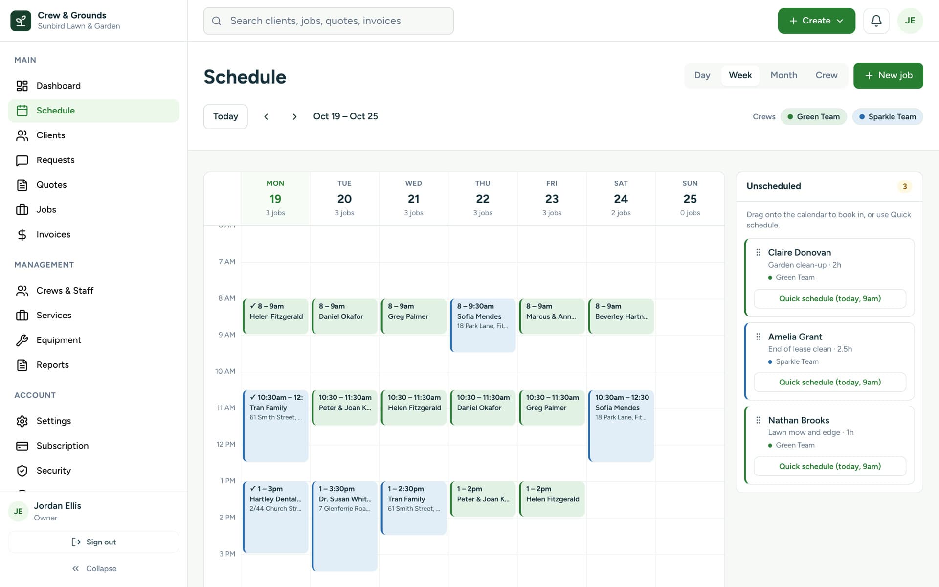 Weekly schedule with jobs for each day and a list of unscheduled jobs